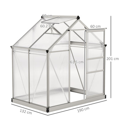Outsunny Polycarbonate Greenhouse, Large Walk-In Green House with Slide Door and Window, Aluminium Frame, 6x4ft, Silver Tone 