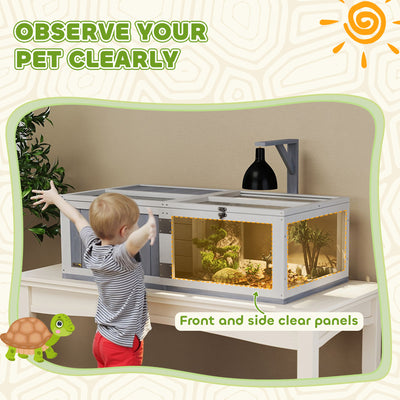 PawHut Wooden Tortoise House with Lamp Holder, Clear Observation Window, Openable Tops, Built-in Tray, Light Grey 