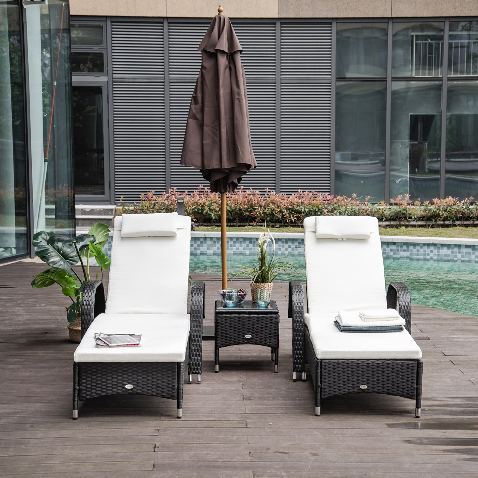 Outsunny 2 Seater Rattan Sun Lounger Set with Side Table Black 