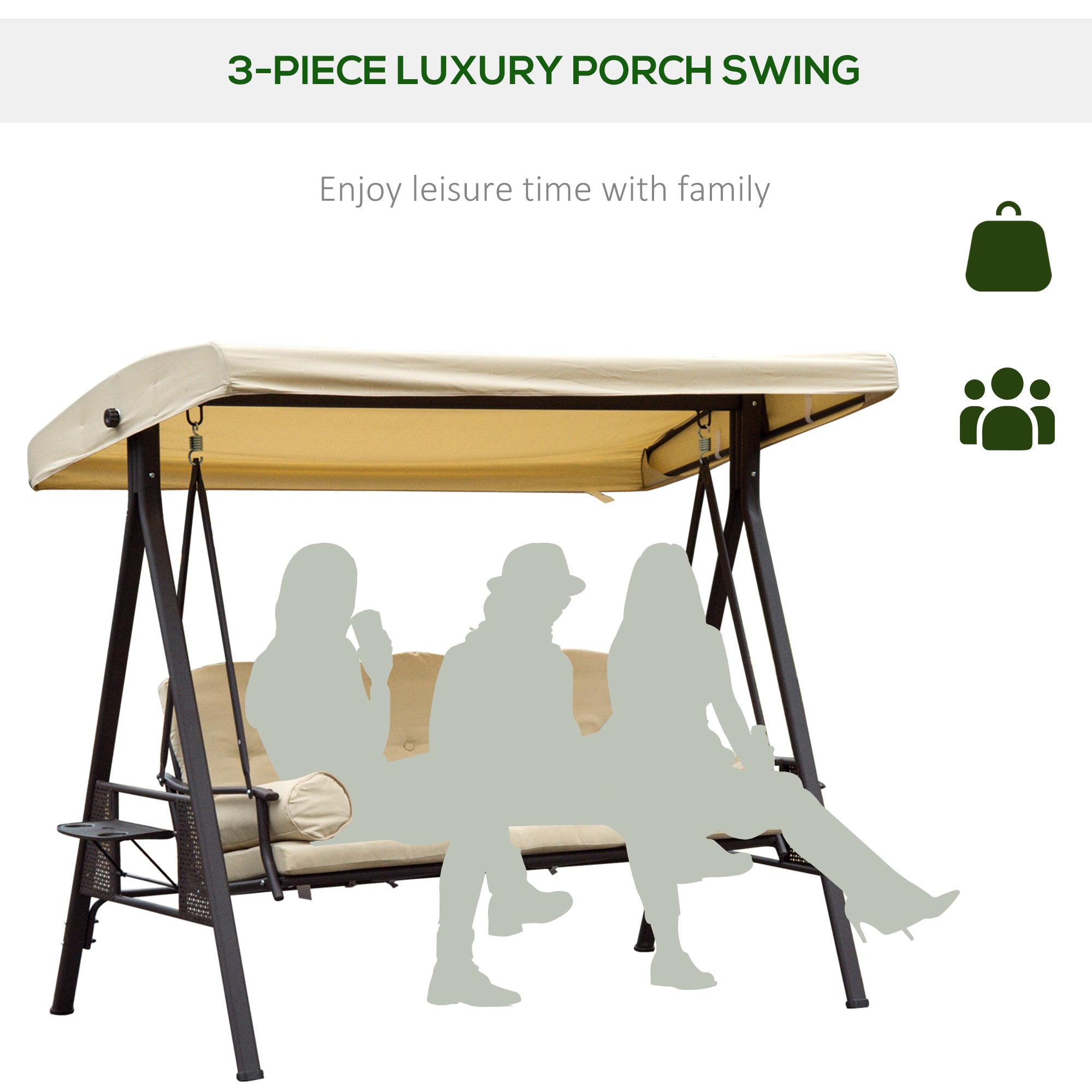 Outsunny Swing Chair Hammock Chair 3 Seater Canopy Cushion Shelter Outdoor Bench Steel Beige 