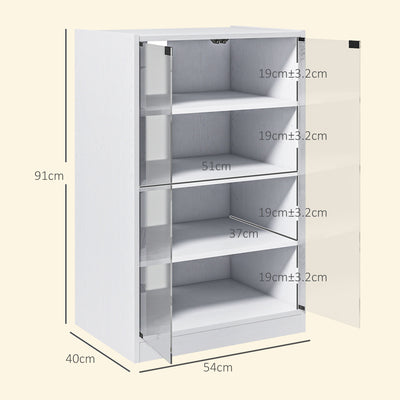 HOMCOM 4-Tier Hi-Fi Stand, Record Player Stand with Adjustable Shelves and Push-to-Open Glass Doors, White Wood-Effect