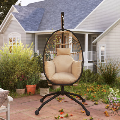 Outsunny Hanging Egg Chair Outdoor Indoor Garden Swing Chair with Folding Basket and Thickened Cushion, Garden Hanging Chair with Stand, Headrest, Cup Holder for Patio, Balcony, Khaki 