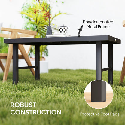 Outsunny Metal Garden Coffee Table, Outdoor Side Table with SPC Woodgrain Tabletop for Outside, Garden, Balcony, Porch, 100 x 53 x 46cm, Grey Wood Effect 