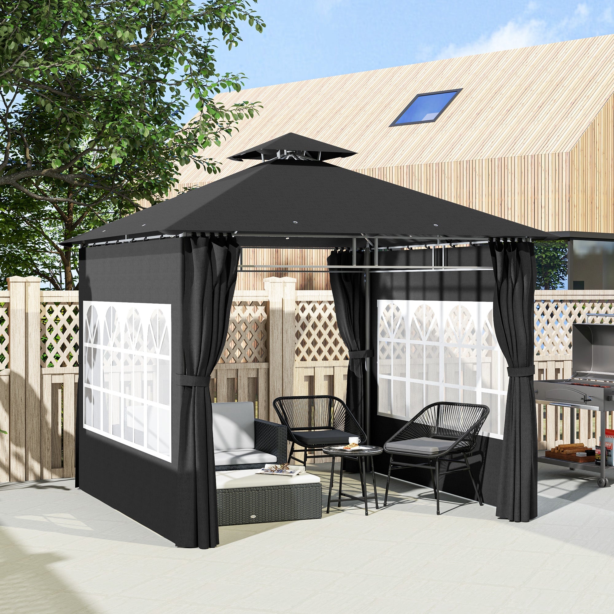 Outsunny 3 x 3 m Garden Gazebo, Double Roof Metal Gazebo with Removable Sidewalls and Church Windows, Outdoor Canopy Shelter, Black 