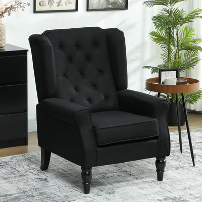 HOMCOM Retro Accent Chair, Linen Wingback Armchair with Wood Frame Button Tufted Design for Living Room Bedroom, Black 