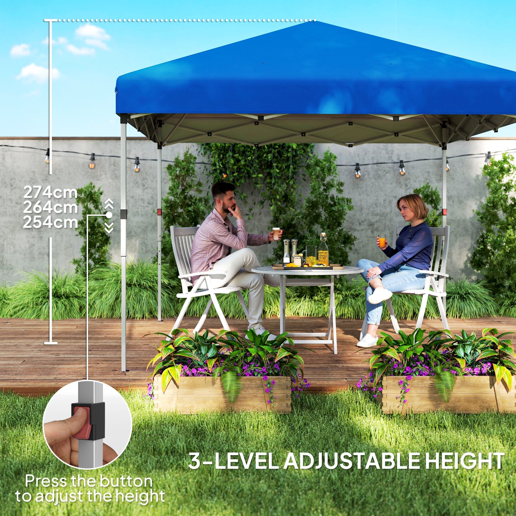Outsunny 3 x 3 (M) Pop Up Gazebo, UPF 30+ with 2 Sidewalls, Leg Weight Bags and Wheeled Bag, Height Adjustable Party Tent Event Shelter for Garden, Patio, Blue 