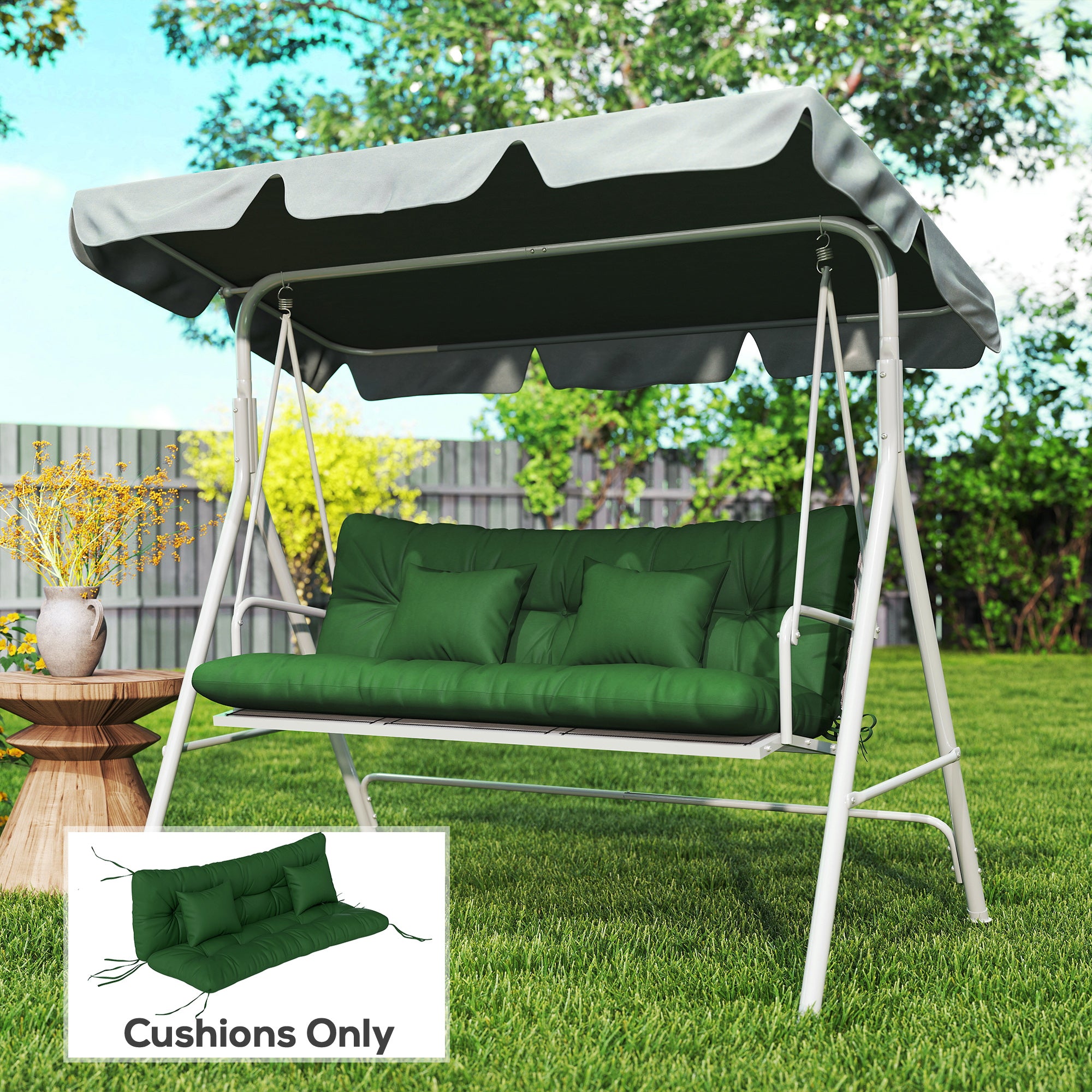 Outsunny Outdoor Seat Cushions Back Cushion with 2 Pillows, Water Repellent Seat Pads for 3-Seater Chair, Green 