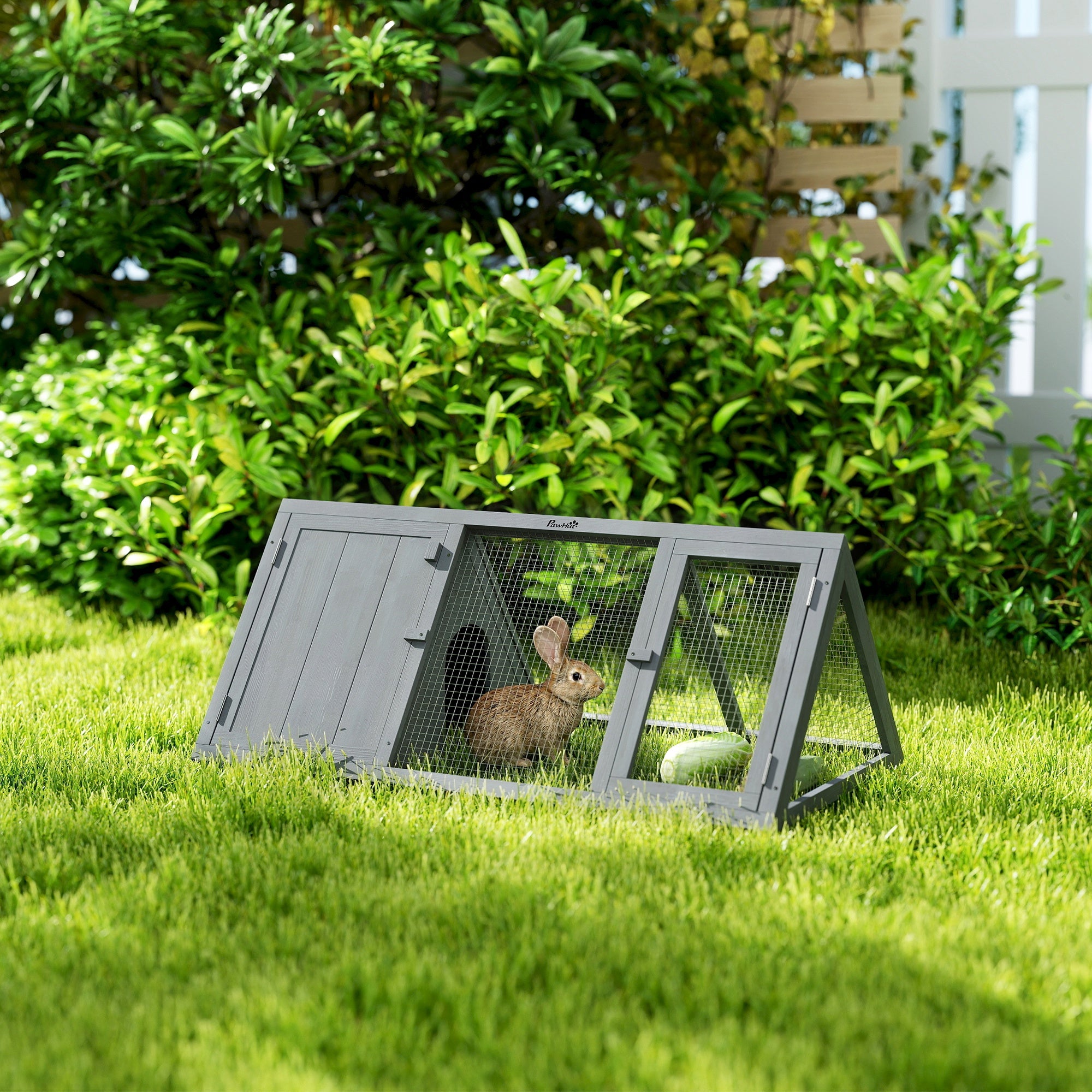 PawHut Rabbit Hutch, Wooden Guinea Pig Hutch with Run and Doors, Outdoor Triangle Bunny House for Rabbits,Duck and Chicken 