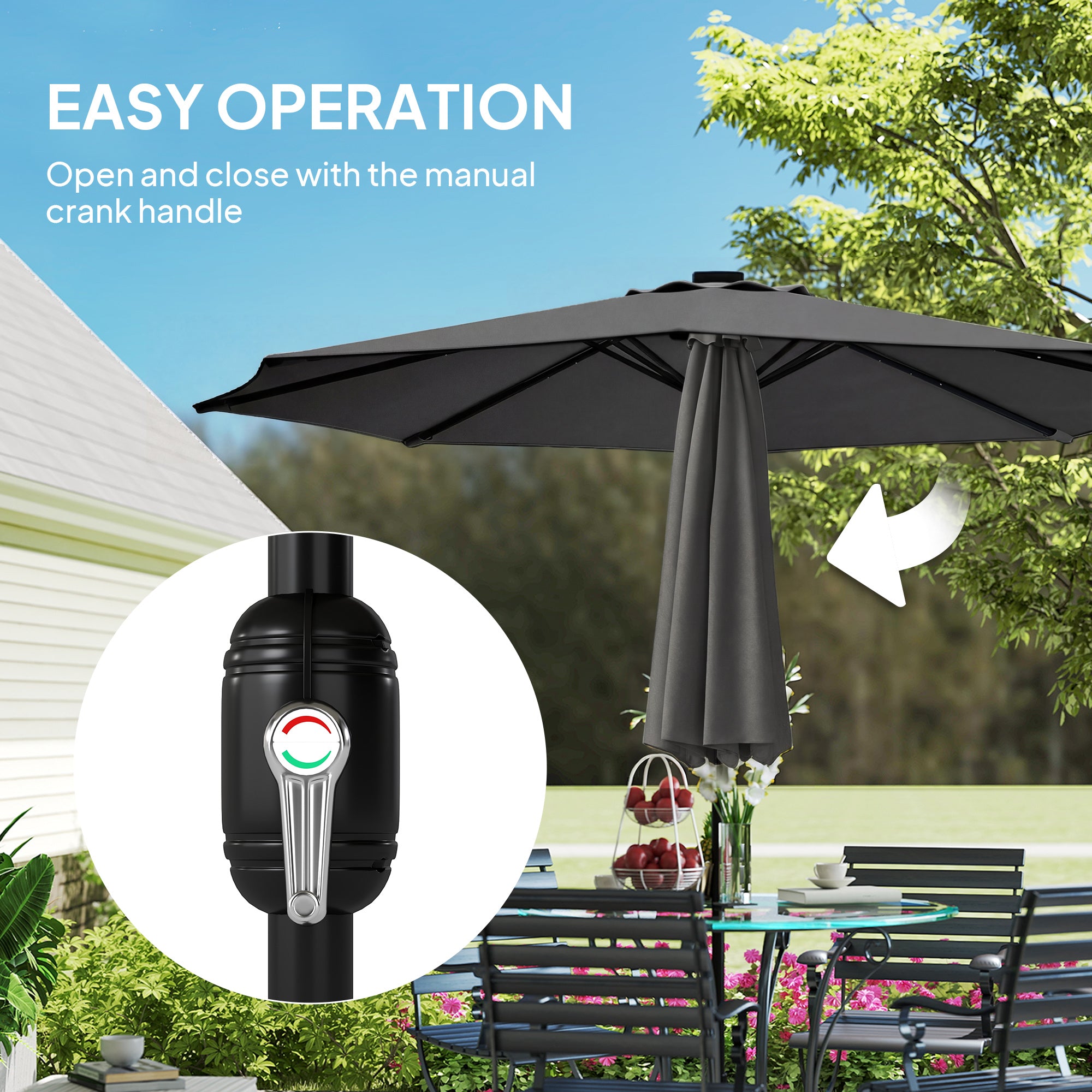 Outsunny 2.6 m Garden Parasol Umbrella with LED Solar Light, Parasol Cover, Outdoor Market Patio Umbrella, Black 