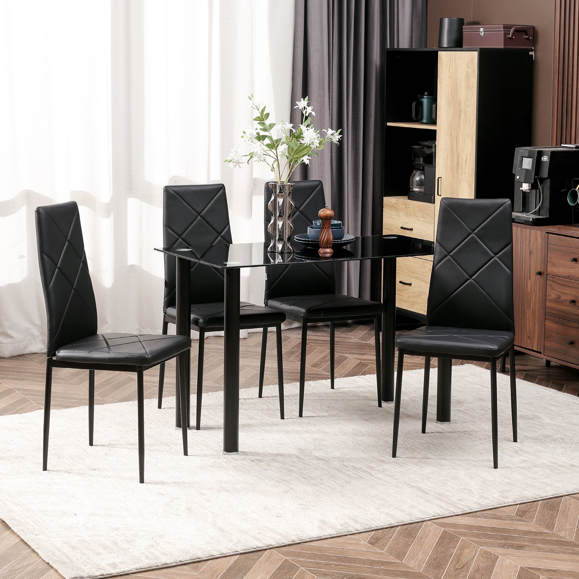 HOMCOM Modern Dining Table Set for 4, Space-Saving 5 Pieces Kitchen Table Set with Rectangle Table and Steel Frame, Black 