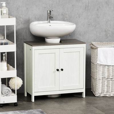 kleankin Modern Bathroom Sink Cabinet, Floor Standing Under Sink Cabinet, Freestanding Storage Cupboard with Adjustable Shelf, Double Doors, Antique White 