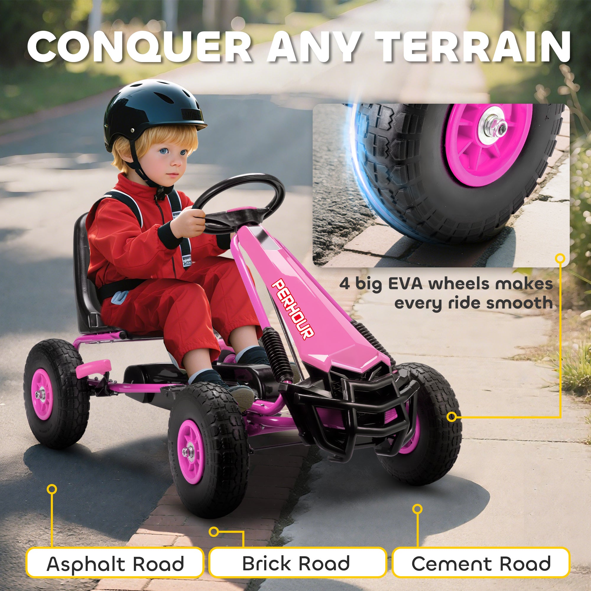 AIYAPLAY Kids Pedal Go Kart with Adjustable Seat, EVA Tyres, Manual Clutch, Brake, Go Kart for Kids 3-8 Years, Pink 