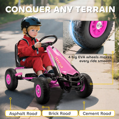 AIYAPLAY Kids Pedal Go Kart with Adjustable Seat, EVA Tyres, Manual Clutch, Brake, Go Kart for Kids 3-8 Years, Pink 