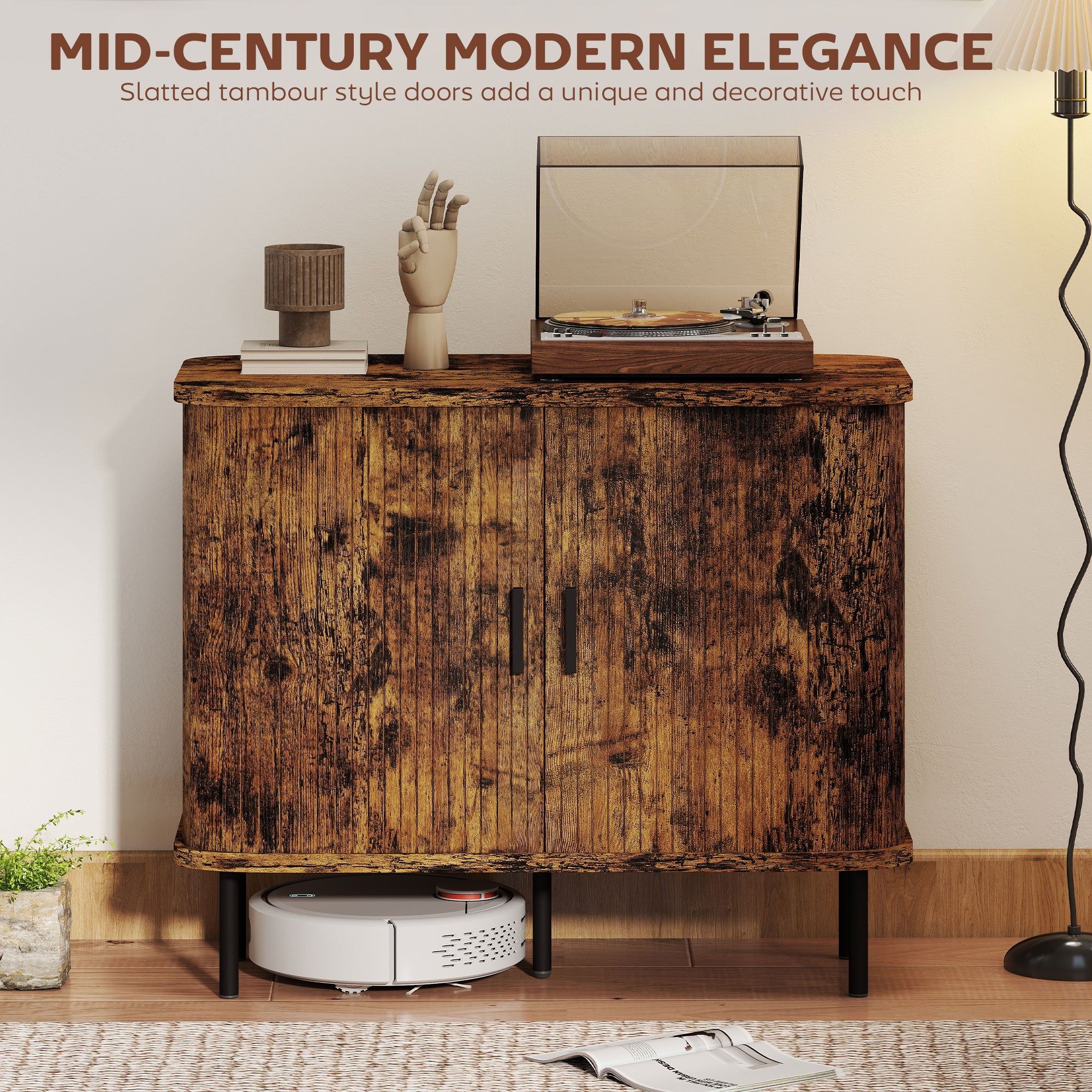 HOMCOM Mid-Century Modern Sideboard Storage Cabinet with Slatted Tambour Sliding Doors, Kitchen Cabinet with Steel Legs, Rustic Brown