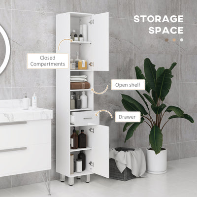 kleankin 71" Tall Slim Bathroom Storage Cabinet, Tall Narrow Cupboard with Drawer, Open Shelves, 2 Doors Cabinets and Adjustable Shelves for Kitchen, Hallway, Living Room, High Gloss White 
