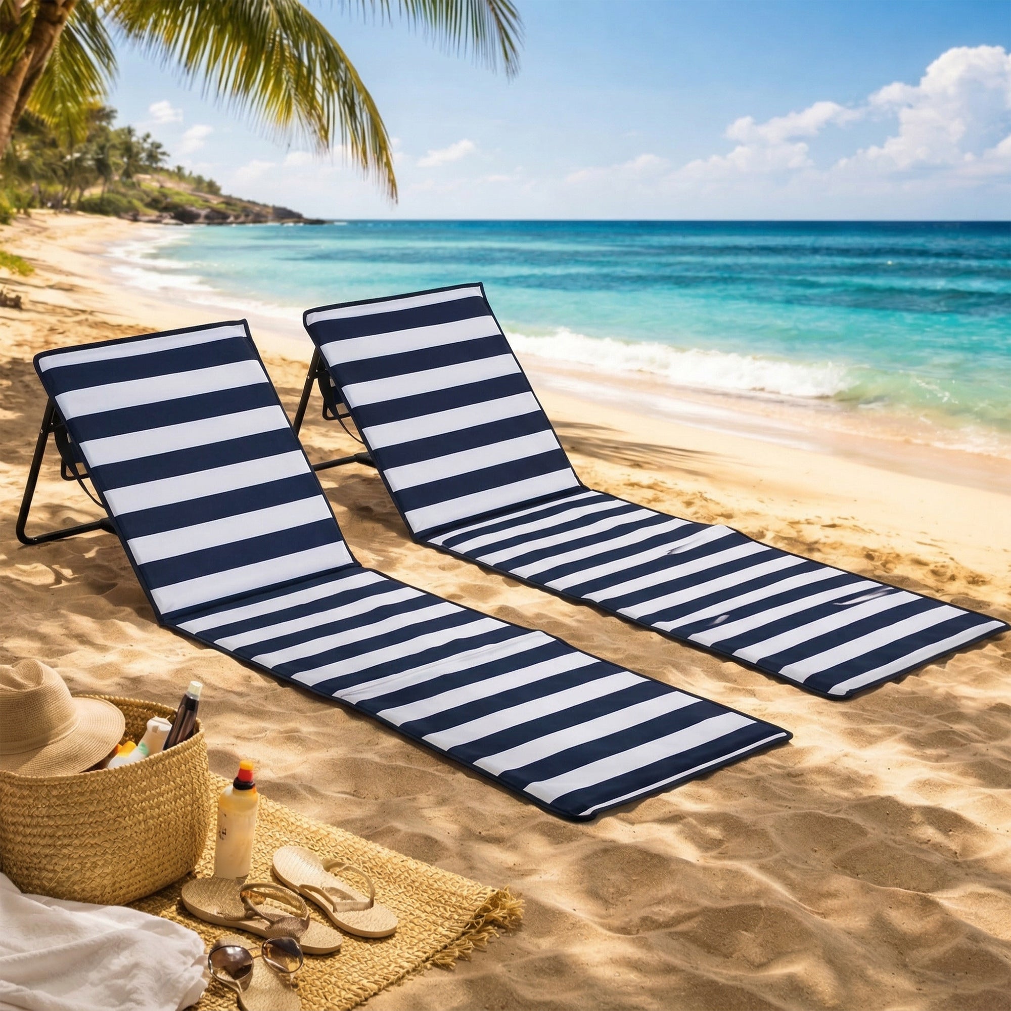 Outsunny Set of 2 Foldable Garden Beach Chair Mat, Outdoor Sun Lounger Seats with Adjustable Back, Magazine Pocket, Carry Bag 