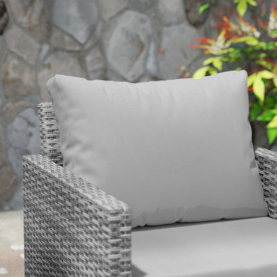 Outsunny 3 Pieces Rattan Bistro Set with 4 Cushions, Wicker Garden Furniture Set, Glass Top Coffee Table and Chairs for Outdoor Patio, Balcony, Terrace and Conservatory, Grey 