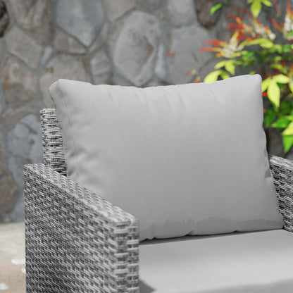 Outsunny 3 Pieces Rattan Bistro Set with 4 Cushions, Wicker Garden Furniture Set, Glass Top Coffee Table and Chairs for Outdoor Patio, Balcony, Terrace and Conservatory, Grey 
