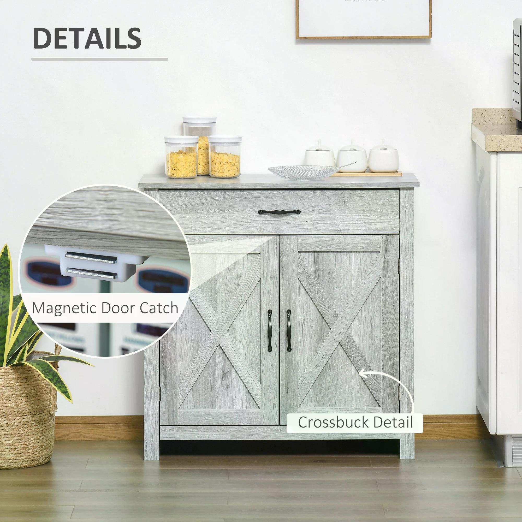HOMCOM Farmhouse Barn Door Sideboard Storage Cabinet Coffee Bar for LIVING Room – Grey Grain 