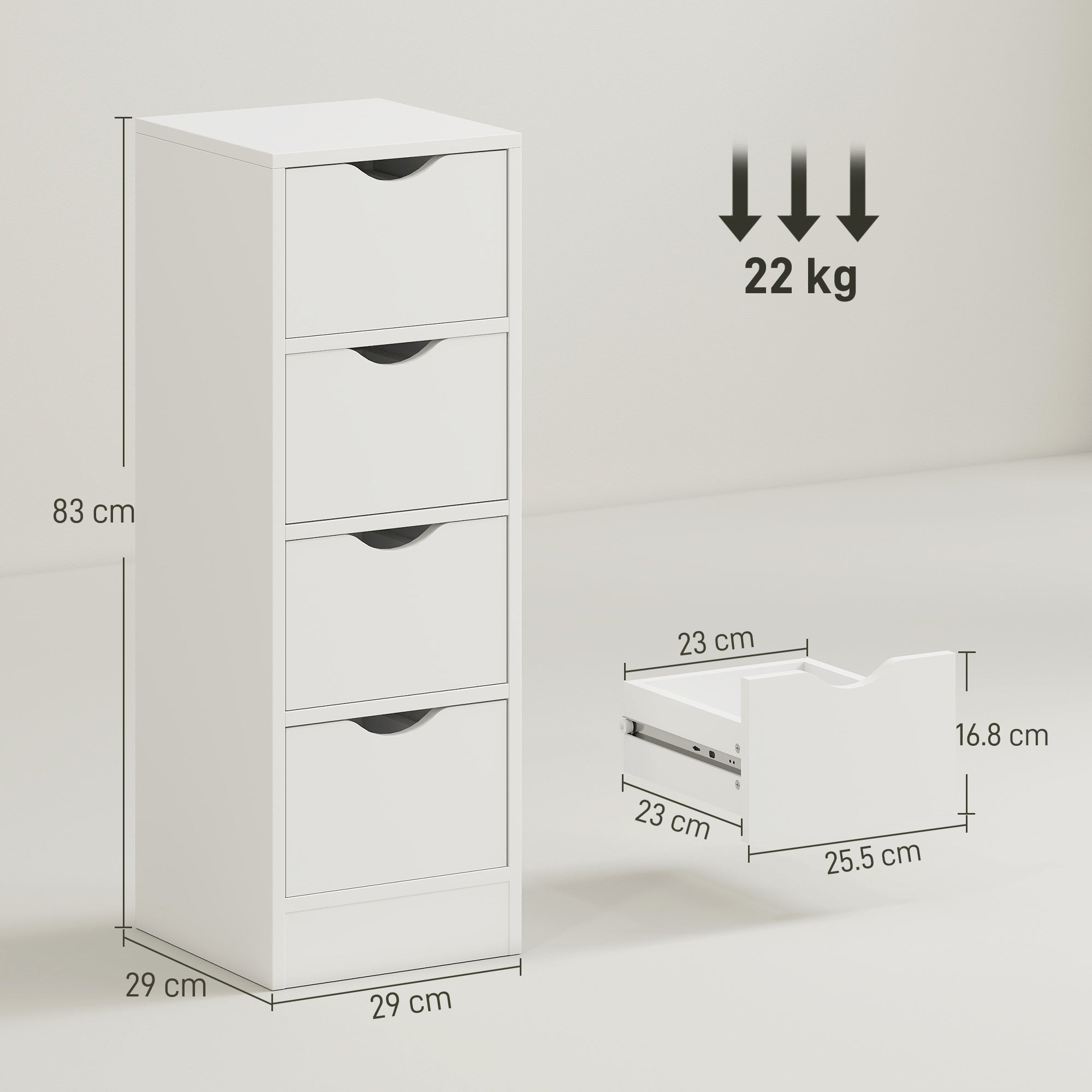 HOMCOM 4-Drawer Bathroom Cabinet, Freestanding Narrow Storage Cabinet with Groove Handles for Small Spaces, White 