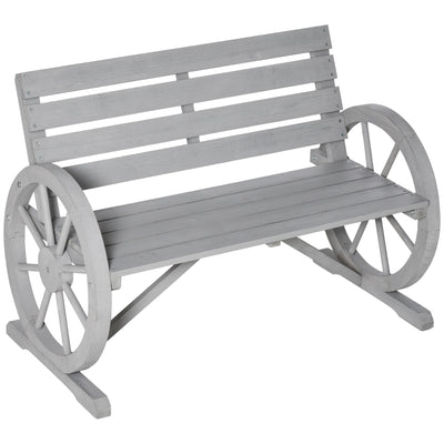 Outsunny Wooden Cart Wagon Wheel 2 Seater Garden Bench Outdoor Garden Armrest Chair Rustic High Back Loveseat Grey 