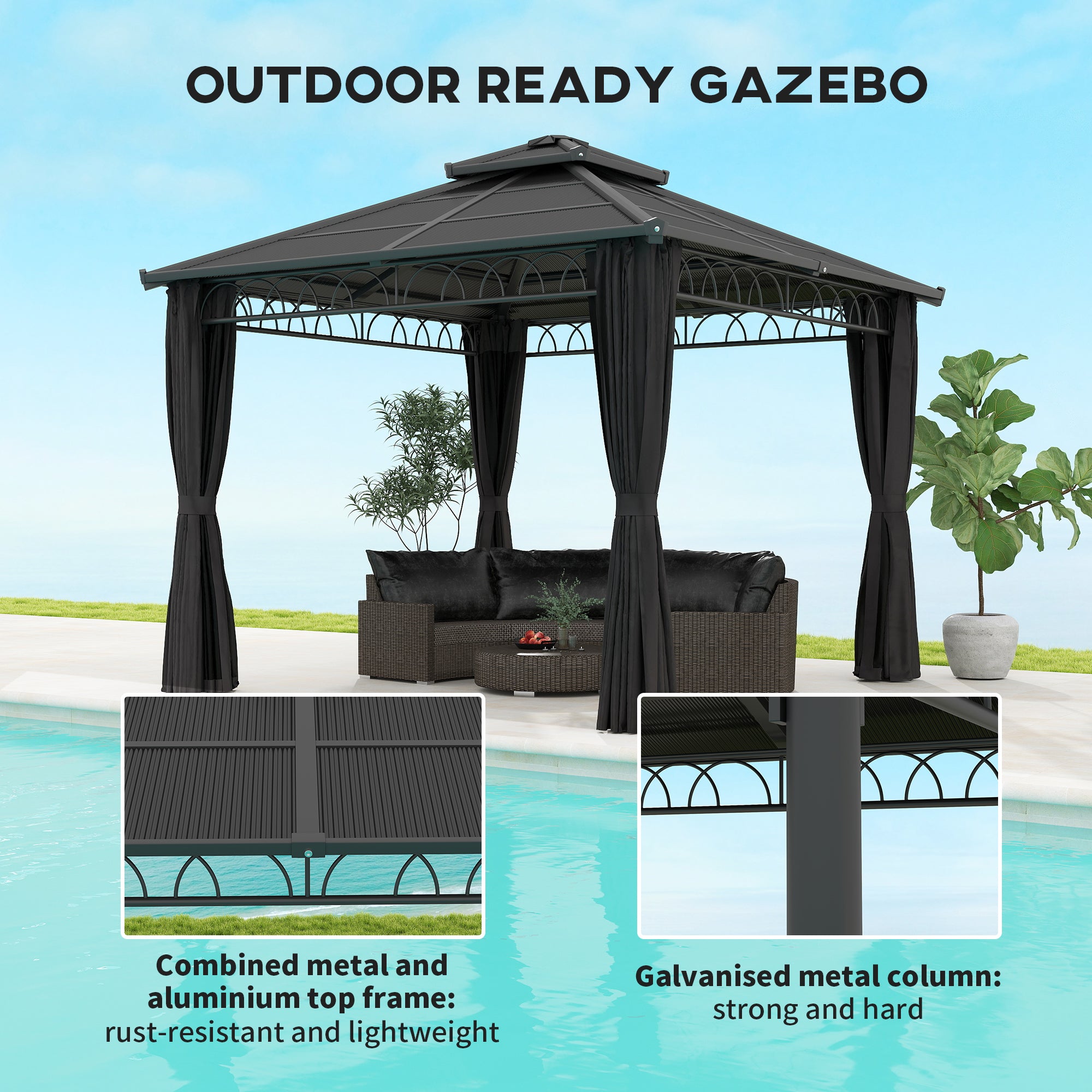 Outsunny 3 x 3 (m) Outdoor Polycarbonate Gazebo, Double\'c2\'a0Roof Hard Top Gazebo with\'c2\'a0Galvanised Steel Frame, Nettings\'c2\'a0&\'c2\'a0Curtains for Garden, Lawn, Patio and Deck, Dark Grey