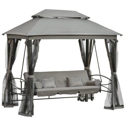 Outsunny 3 Seater Swing Chair 3-in-1 Convertible Garden Swing Seat Bed Gazebo Patio Bench Outdoor with Double Tier Canopy, Cushioned Seat, Mesh Sidewalls, Grey 