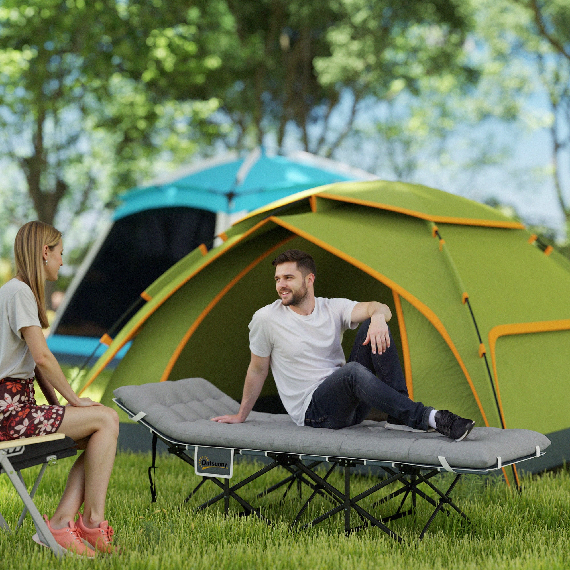Outsunny 68cm Wide Folding Bed, Camping Cot for Adults with Mattress, Carry Bag, Storage Pocket, Max Load 150kg, Light Grey 