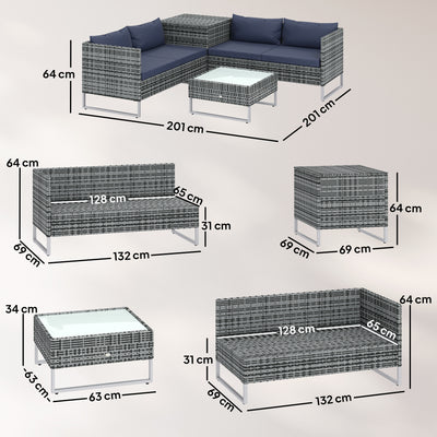 Outsunny 4 Piece Rattan Garden Furniture Set, Outdoor Corner Sofa Set with Storage Table, Loveseats, Cushions - Dark Blue 