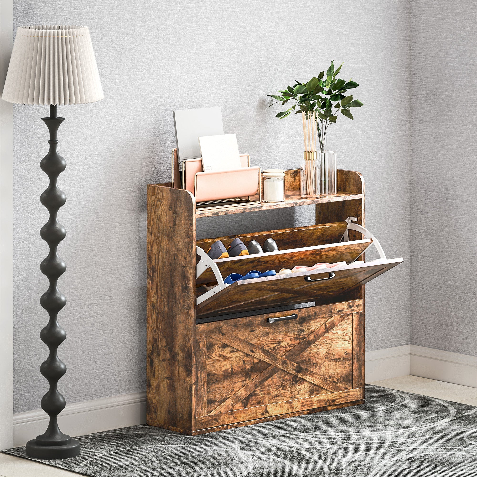 HOMCOM Two Flip Drawer Narrow Shoe Cabinet with Adjustable Shelves - Rustic Brown 