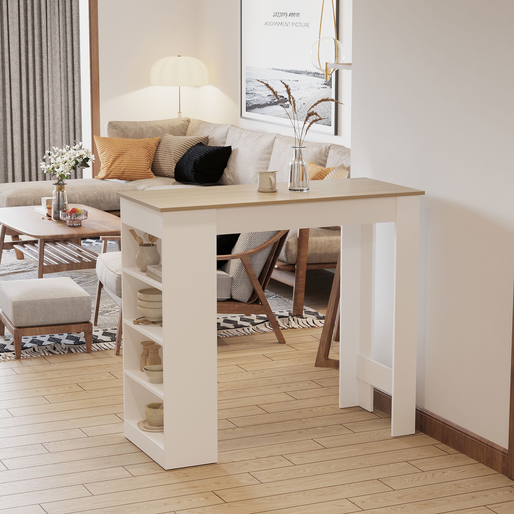 HOMCOM Bar Table, Dining Table with 4-Tier Storage Shelf for Breakfast Bar, Kitchen, Dining Room, Living Room, Natural 
