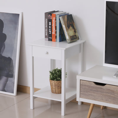 HOMCOM White Bedside Table, Wooden Side Table, Nightstand, Bedside Cabinet with Drawer and Storage Shelf for Bedroom and Living Room, Set of 2 