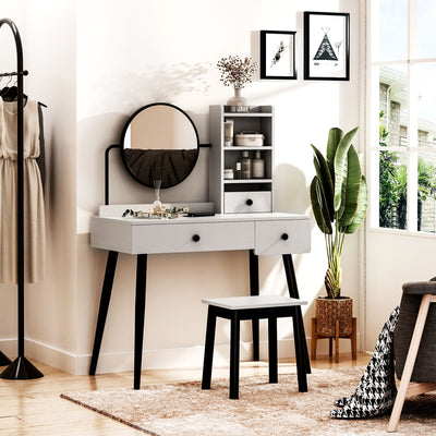 HOMCOM Dressing Table Set with Mirror and Stool, Vanity Makeup Table with 3 Drawers and Open Shelves for Bedroom, Living Room, Grey 