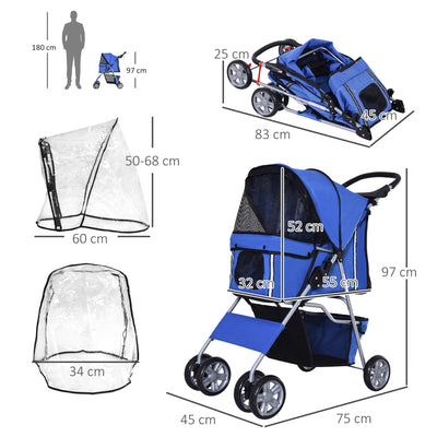 PawHut Dog Stroller with Rain Cover for Small Miniature Dogs, Folding Pet Pram with Cup Holder, Storage Basket, Reflective Strips, Blue 