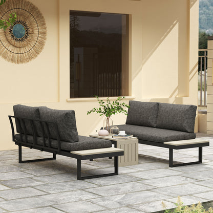 Outsunny 4 Seater L Shaped Aluminium Sectional Garden Furniture Set with 2 Loveseats and Wood-Plastic Coffee Table - Dark Grey 