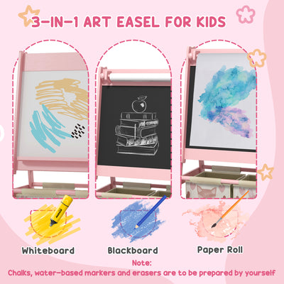 ZONEKIZ Kids Table and Chair Set and Kids Easel with Paper Roll, Storage Baskets, Kids Activity Furniture Set, Pink 