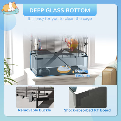 PawHut Gerbil Cage Dwarf Hamster Cage, with Deep Glass Bottom, Tunnels, Hut, Exercise Wheel, 60 x 40 x 57cm 