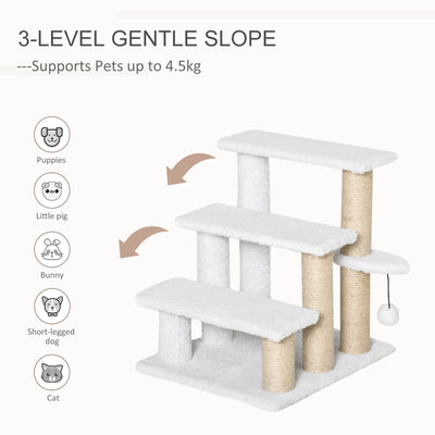 PawHut Pet Stair with 3-step Climb Ladder, Scratching Posts, Platforms, Toy Ball, for Indoor Elderly Cats Kittens, White 