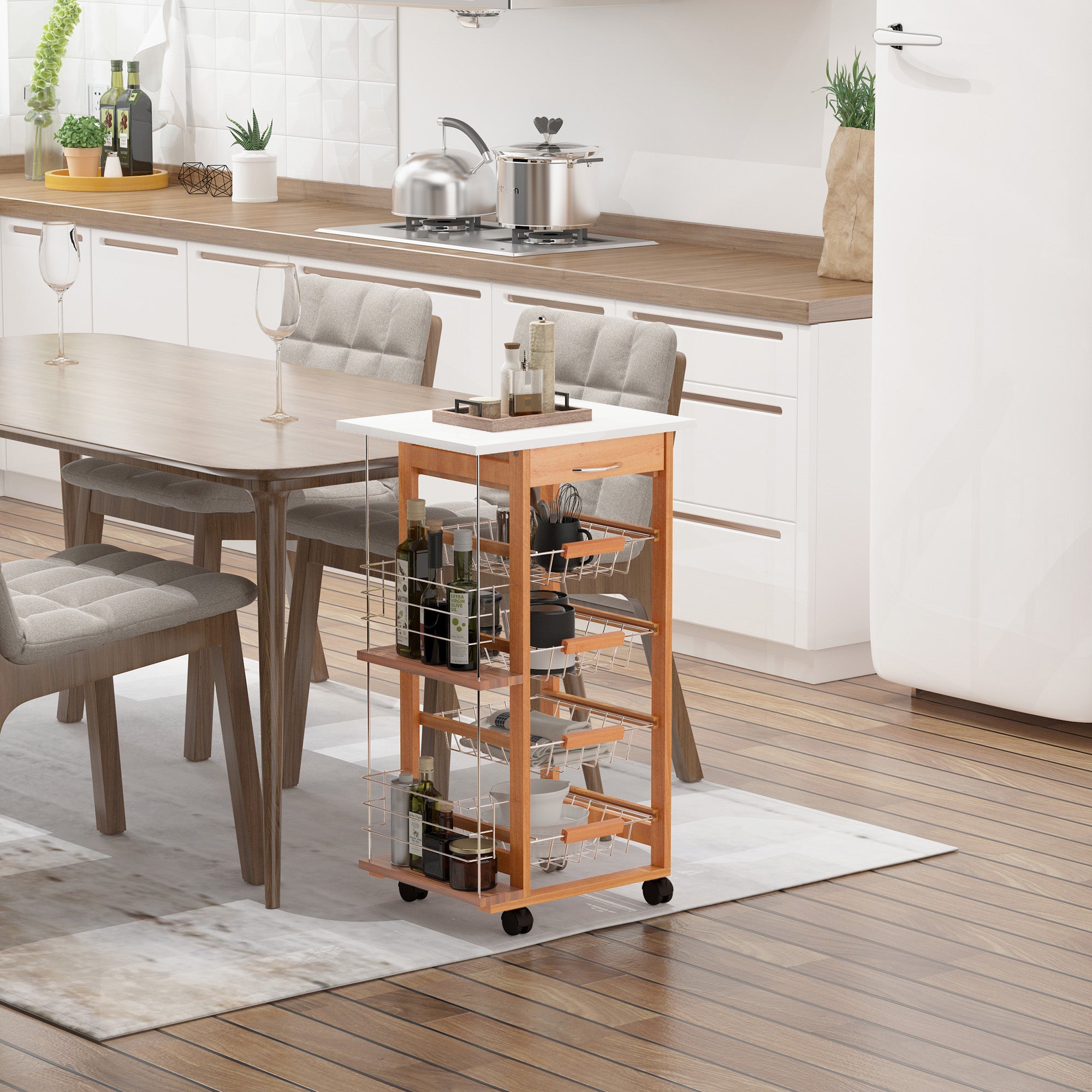 HOMCOM Rolling Kitchen Cart, Utility Storage Cart with 4 Basket Drawers & Side Racks, Wheels for Dining Room, Brown 