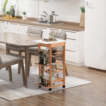 HOMCOM Rolling Kitchen Cart, Utility Storage Cart with 4 Basket Drawers & Side Racks, Wheels for Dining Room, Brown 