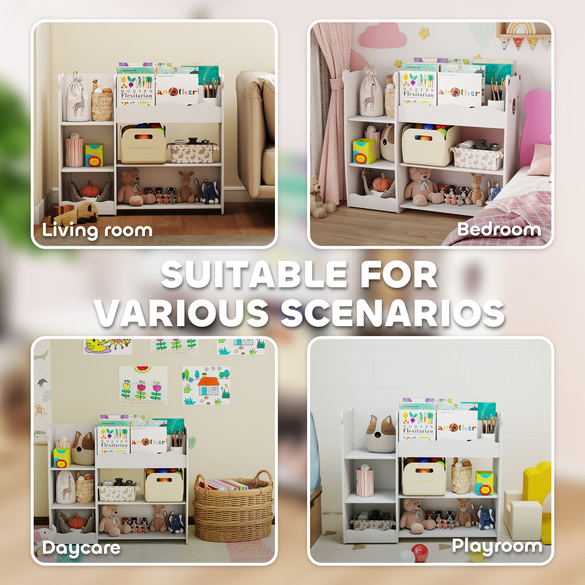 AIYAPLAY Kids Toy Storage Unit, Bear Design Kids Bookshelf and Toy Organiser, for Bedroom, Nursery, Playroom, White 