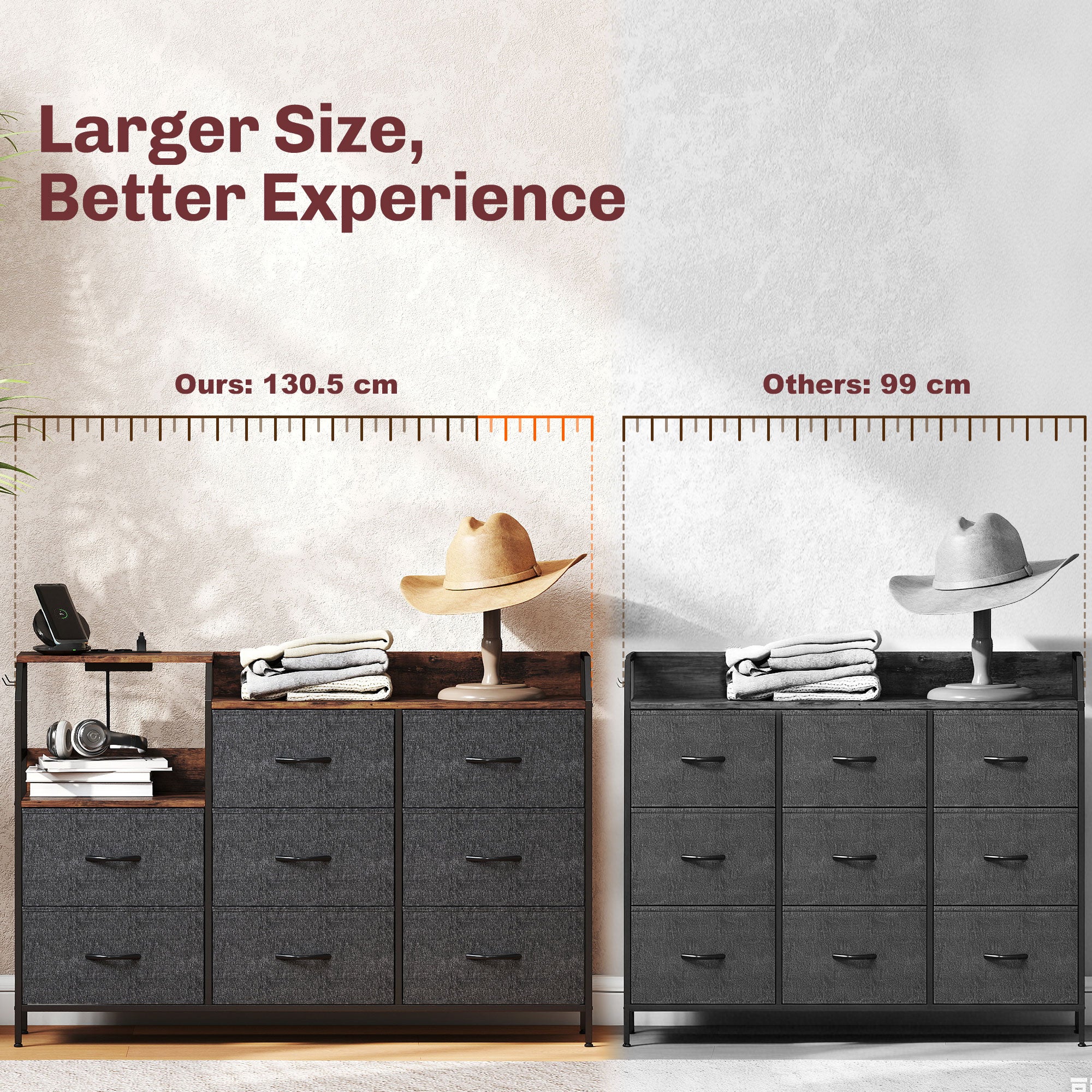 HOMCOM Chest of Eight Drawers, with Charging Station - Brown/Black 
