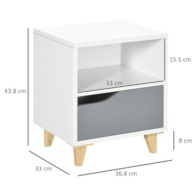 HOMCOM Set of 2 Modern Bedside Tables with Shelves, Drawers and Wood Legs, 36.8cm x 33cm x 43.8cm, White and Grey 