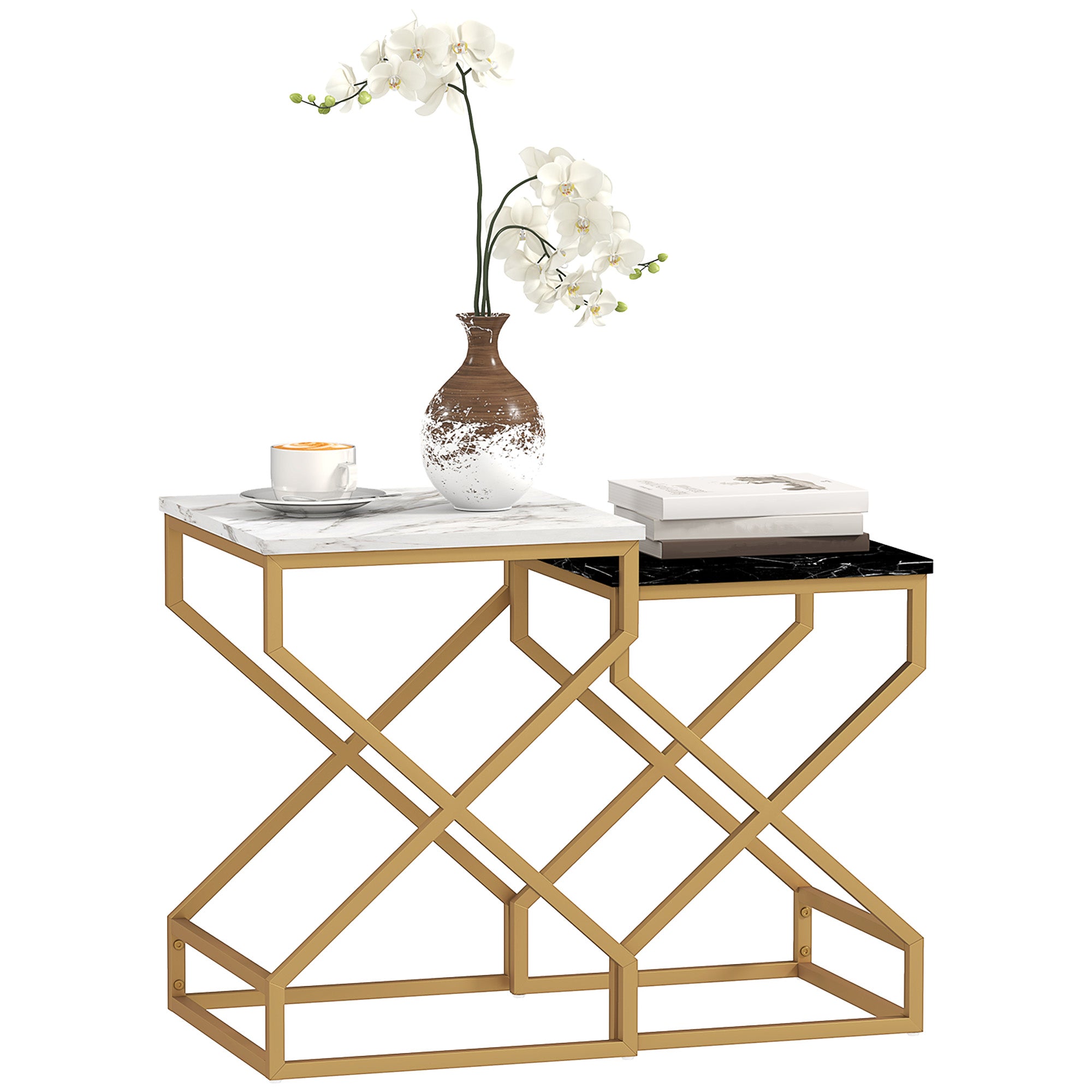HOMCOM Set of Two Marble-Effect Nesting Tables 