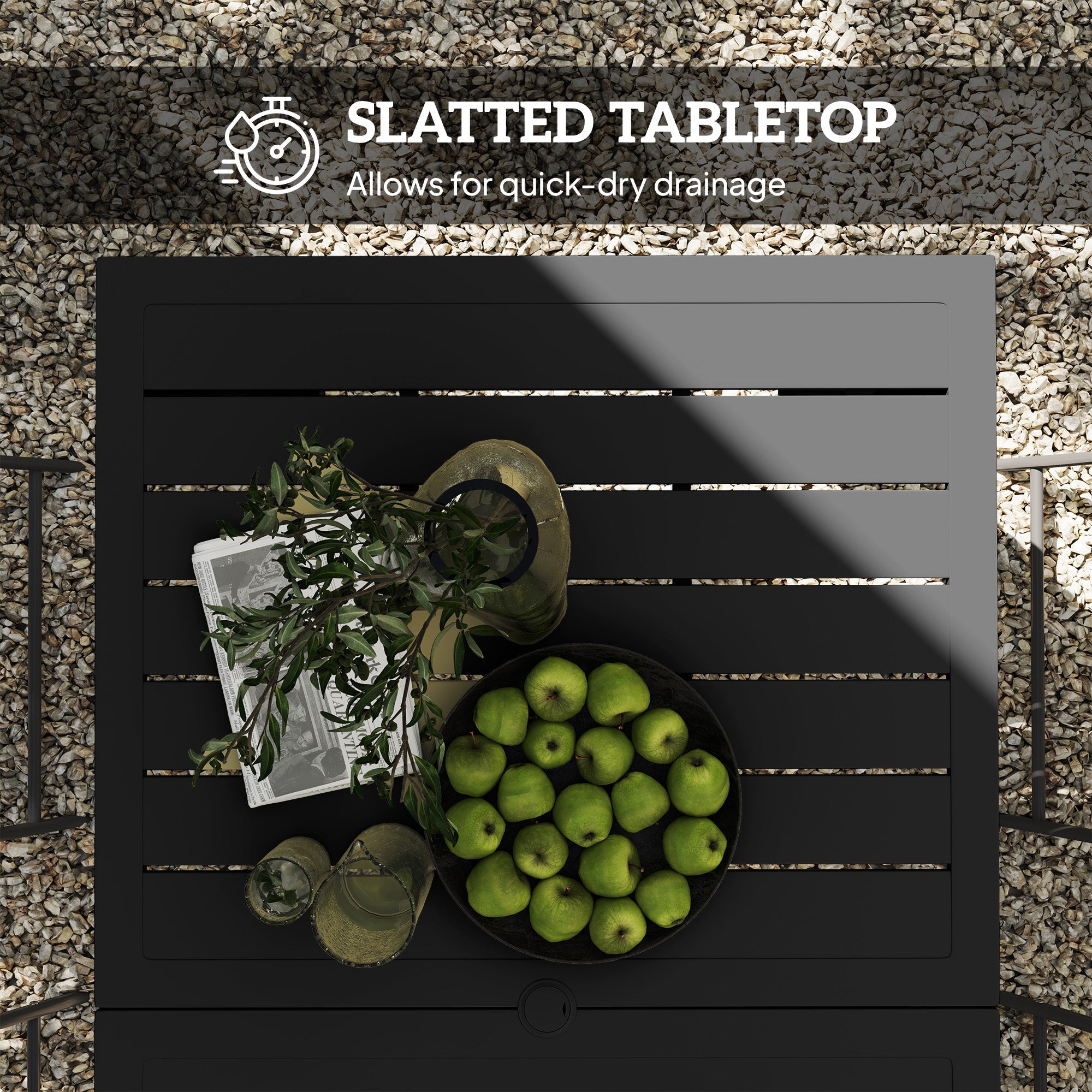 Outsunny Garden Table with Parasol Hole for 6 Person, Rectangle Outdoor Dining Table with Slatted Metal Tabletop, Steel Frame for Patio, Balcony, 150 x 90 x 73 cm, Black 