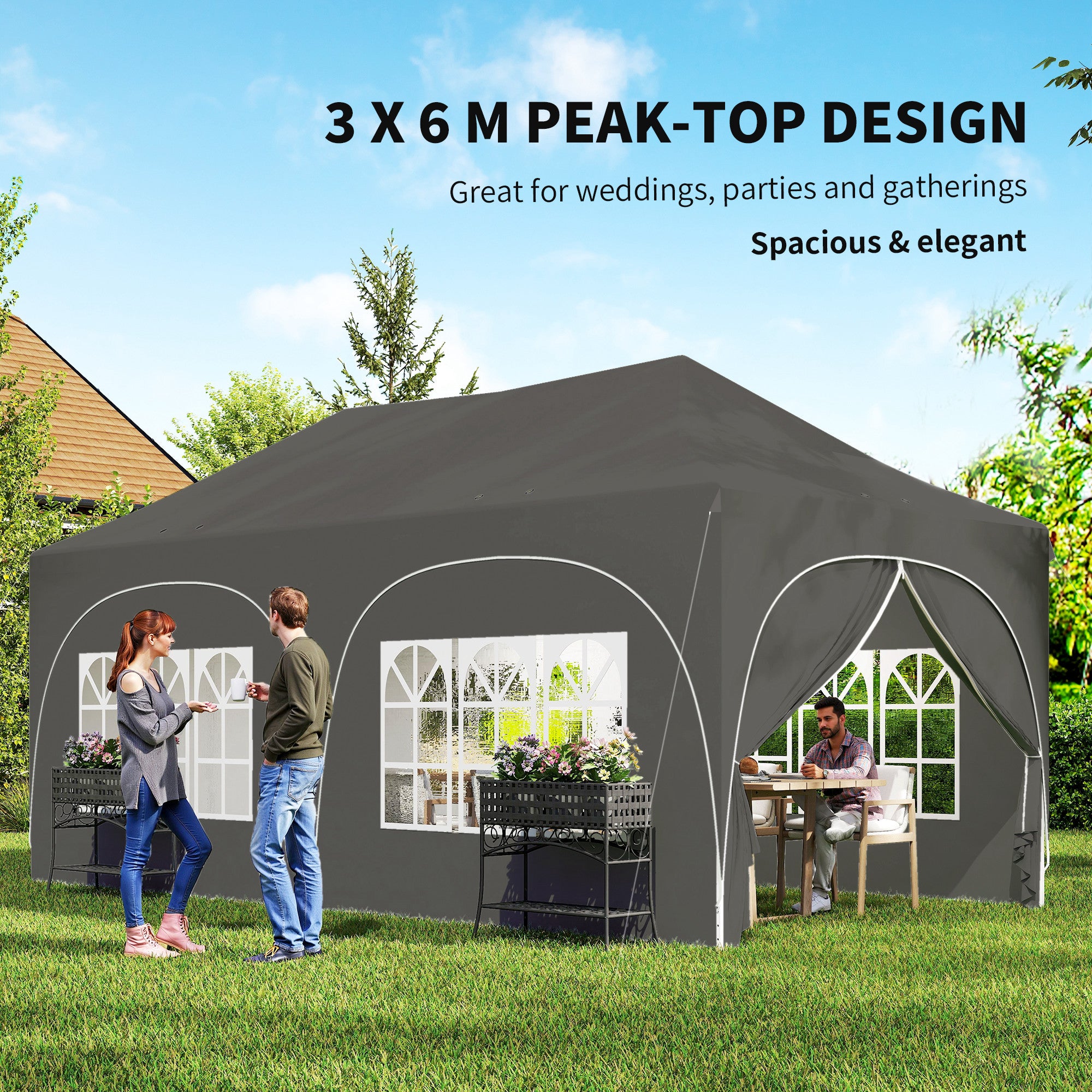 Outsunny 3 x 6m Pop Up Gazebo Shelter with Sides, 6 Sandbags, Peak Top Garden Party Tent Marquee with Carry Bag, Dark Grey 