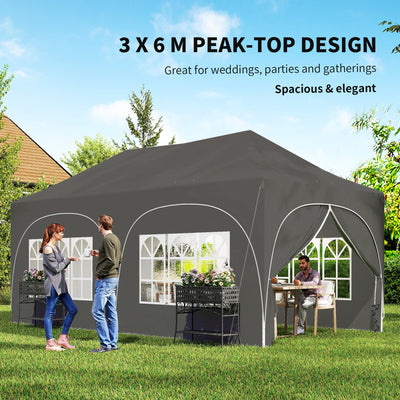 Outsunny 3 x 6m Pop Up Gazebo Shelter with Sides, 6 Sandbags, Peak Top Garden Party Tent Marquee with Carry Bag, Dark Grey 