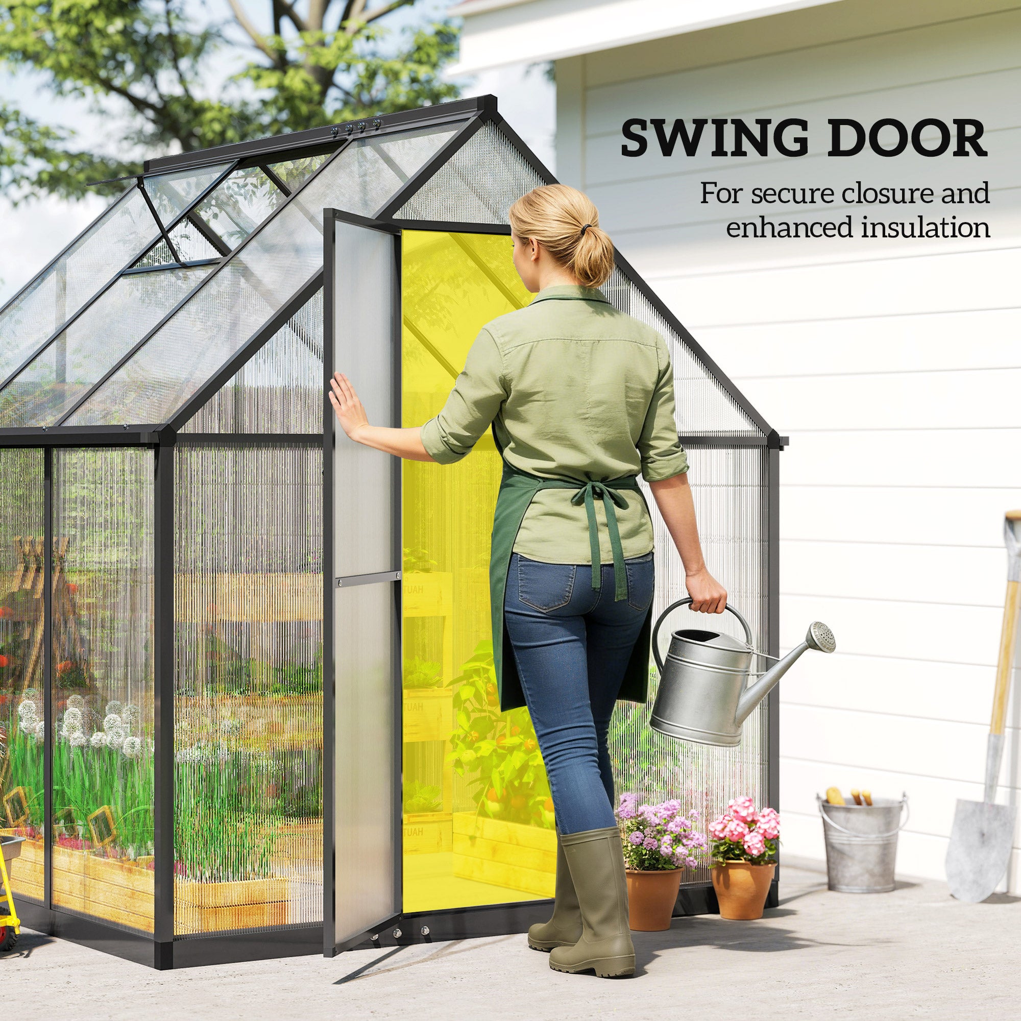 Outsunny Polycarbonate Greenhouse with Swing Door and Adjustable Window, Walk-in Greenhouse with Rain Gutter, 5.5 x 6ft, Black 
