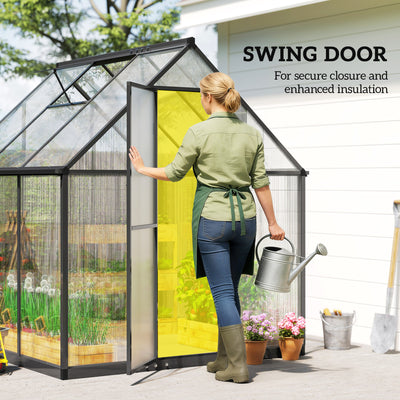 Outsunny Polycarbonate Greenhouse with Swing Door and Adjustable Window, Walk-in Greenhouse with Rain Gutter, 5.5 x 6ft, Black 