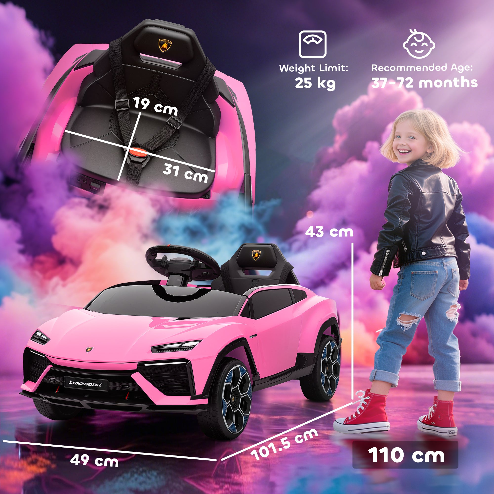 AIYAPLAY 12V Licensed Lamborghini Electric Cars for Kids, Ride On Car with Remote Control for 3-6 Years Old, Pink 